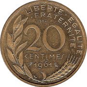 France 20 Centimes (Essai) KM# E107 LIBERTE EGALITE FRATERNITE ESSAI 20 CENTIMES 1961 coin reverse France 20 Centimes (Essai) KM# E107 LIBERTE EGALITE FRATERNITE ESSAI 20 CENTIMES 1961 coin reverse