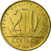 France 20 Centimes (Essay by Rousseau) LIBERTE EGALITE FRATERNITE ESSAI 20 CENTIMES 1961 coin reverse France 20 Centimes (Essay by Rousseau) LIBERTE EGALITE FRATERNITE ESSAI 20 CENTIMES 1961 coin reverse