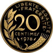 France 20 Centimes The Sower 1978 KM# P604 LIBERTE EGALITE FRATERNITE 20 CENTIMES 1978 A. DIEUDONNE coin reverse