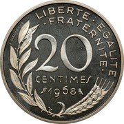 France 20 Centimes KM# P396 Modern Republic Decimal Coinage LIBERTE EGALITE FRATERNITE 20 CENTIMES 1968 A. DIEUDONNE coin reverse
