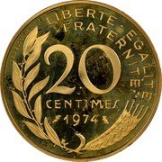 France 20 Centimes KM# P496 Modern Republic Decimal Coinage LIBERTE EGALITE FRATERNITE 20 CENTIMES 1974 A. DIEUDONNE coin reverse France 20 Centimes KM# P496 Modern Republic Decimal Coinage LIBERTE EGALITE FRATERNITE 20 CENTIMES 1974 A. DIEUDONNE coin reverse