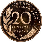 France 20 Centimes The Sower 1972 KM# P448 LIBERTE EGALITE FRATERNITE 20 CENTIMES 1972 A. DIEUDONNE coin reverse
