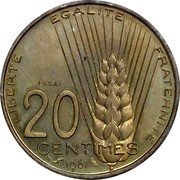 France 20 Centimes Marianne. Essay by Coeffin 1961  LIBERTE EGALITE FRATERNITE ESSAI 20 CENTIMES 1961 coin reverse France 20 Centimes Marianne. Essay by Coeffin 1961  LIBERTE EGALITE FRATERNITE ESSAI 20 CENTIMES 1961 coin reverse