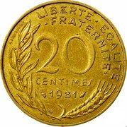 France 20 Centimes (Piedfort) KM# Pn692 A.DIEUDONNE LIBERTE EGALITE FRATERNITE 20 CENTIMES 1981 coin reverse France 20 Centimes (Piedfort) KM# Pn692 A.DIEUDONNE LIBERTE EGALITE FRATERNITE 20 CENTIMES 1981 coin reverse