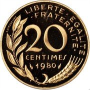 France 20 Centimes (Piedfort) KM# P664 LIBERTE EGALITE FRATERNITE 20 CENTIMES 1980 A. DIEUDONNE coin reverse France 20 Centimes (Piedfort) KM# P664 LIBERTE EGALITE FRATERNITE 20 CENTIMES 1980 A. DIEUDONNE coin reverse