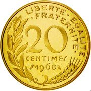 France 20 Centimes (Piedfort) KM# Pn395 LIBERTE EGALITE FRATERNITE 20 CENTIMES 1968 A. DIEUDONNE coin reverse