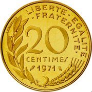 France 20 Centimes (Piedfort) KM# P421 LIBERTE EGALITE FRATERNITE 20 CENTIMES 1971 A. DIEUDONNE coin reverse
