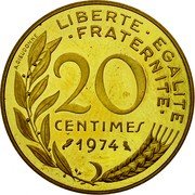 France 20 Centimes (Piedfort) KM# P494 LIBERTE EGALITE FRATERNITE 20 CENTIMES 1974 A. DIEUDONNE coin reverse France 20 Centimes (Piedfort) KM# P494 LIBERTE EGALITE FRATERNITE 20 CENTIMES 1974 A. DIEUDONNE coin reverse