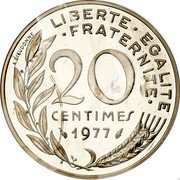 France 20 Centimes (Piedfort) KM# P576 LIBERTE EGALITE FRATERNITE 20 CENTIMES 1977 A. DIEUDONNE coin reverse