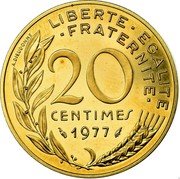 France 20 Centimes (Piedfort) KM# P575 LIBERTE EGALITE FRATERNITE 20 CENTIMES 1977 A. DIEUDONNE coin reverse