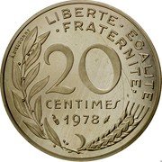 France 20 Centimes (Piedfort) KM# P603 LIBERTE EGALITE FRATERNITE 20 CENTIMES 1978 A. DIEUDONNE coin reverse