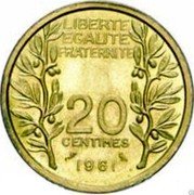 France 20 Centimes (Pre series by Lagriffoul) LIBERTE EGALITE FRATERNITE ESSAI 20 CENTIMES 1961 coin reverse France 20 Centimes (Pre series by Lagriffoul) LIBERTE EGALITE FRATERNITE ESSAI 20 CENTIMES 1961 coin reverse