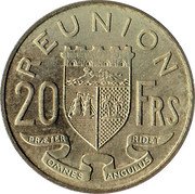 France 20 Francs (Marianne. Reunion) KM# 11 REUNION 20 FRS PRÆTER OMNES ANGULUS RIDET coin reverse France 20 Francs (Marianne. Reunion) KM# 11 REUNION 20 FRS PRÆTER OMNES ANGULUS RIDET coin reverse