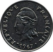 France 20 Francs (New Caledonia(without IEOM)) KM# 6 RÉPUBLIQUE FRANÇAISE R JOLY 1967 coin obverse France 20 Francs (New Caledonia(without IEOM)) KM# 6 RÉPUBLIQUE FRANÇAISE R JOLY 1967 coin obverse