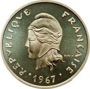 France 20 Francs Piedfort. New Caledonia 1967  Proof KM# P2a RÉPUBLIQUE FRANÇAISE R JOLY 1976 coin obverse France 20 Francs Piedfort. New Caledonia 1967  Proof KM# P2a RÉPUBLIQUE FRANÇAISE R JOLY 1976 coin obverse
