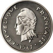 France 20 Francs (Piedfort - New Caledonia) KM# P2 RÉPUBLIQUE FRANÇAISE R JOLY 1976 coin obverse France 20 Francs (Piedfort - New Caledonia) KM# P2 RÉPUBLIQUE FRANÇAISE R JOLY 1976 coin obverse