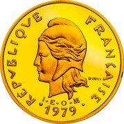 France 20 Francs Piedfort. New Caledonia 1979  Proof KM# P8b RÉPUBLIQUE FRANÇAISE R JOLY I E O M 1979 coin obverse