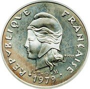 France 20 Francs (Piedfort - New Caledonia) KM# P8a RÉPUBLIQUE FRANÇAISE R JOLY I E O M 1979 coin obverse France 20 Francs (Piedfort - New Caledonia) KM# P8a RÉPUBLIQUE FRANÇAISE R JOLY I E O M 1979 coin obverse