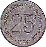 France 25 Centimes (Commune of Bayeux) 25 C. UNION COMMERCIALE ET INDUSTRIELLE 1922 coin reverse France 25 Centimes (Commune of Bayeux) 25 C. UNION COMMERCIALE ET INDUSTRIELLE 1922 coin reverse