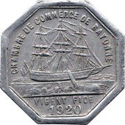 France 25 Centimes (Commune of Bayonne) CHAMBRE DE COMMERCE DE BAYONNE VIGENT FIDE 1920 coin obverse France 25 Centimes (Commune of Bayonne) CHAMBRE DE COMMERCE DE BAYONNE VIGENT FIDE 1920 coin obverse