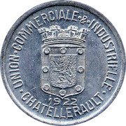 France 25 Centimes Commune of Chatellerault 1922  UNION COMMERCIALE & INDUSTRIELLE 1922 CHATELLERAULT coin obverse France 25 Centimes Commune of Chatellerault 1922  UNION COMMERCIALE & INDUSTRIELLE 1922 CHATELLERAULT coin obverse