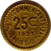France 25 Centimes Commune of Sables-d'Olonne 1923  ST. DES COMMERCANTS 25 CES 1923 SABLES D'OLONNE coin obverse France 25 Centimes Commune of Sables-d'Olonne 1923  ST. DES COMMERCANTS 25 CES 1923 SABLES D'OLONNE coin obverse