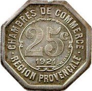France 25 Centimes Region of Provence-Alpes-Cote d'Azur. Essai 1921 CHAMBRES DE COMMERCE 25C. 1921 THEVENON RÉGION PROVENÇALE coin reverse France 25 Centimes Region of Provence-Alpes-Cote d'Azur. Essai 1921 CHAMBRES DE COMMERCE 25C. 1921 THEVENON RÉGION PROVENÇALE coin reverse