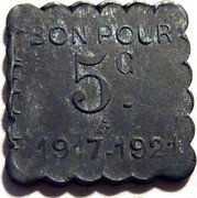 France 5 Centimes (Cinema Castillet. Commune of Perpignan) BON POUR 1917-1921 5 C coin reverse France 5 Centimes (Cinema Castillet. Commune of Perpignan) BON POUR 1917-1921 5 C coin reverse