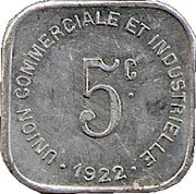 France 5 Centimes (Commune of Bayeux) UNION COMMERCIALE ET INDUSTRIELLE 5 C. 1922 coin reverse
