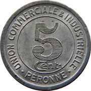 France 5 Centimes Commune of Peronne 1922  UNION COMMERCIALE & INDUSTRIELLE. PERONNE. 5 CENT coin reverse France 5 Centimes Commune of Peronne 1922  UNION COMMERCIALE & INDUSTRIELLE. PERONNE. 5 CENT coin reverse