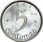 France 5 Centimes (Essai) KM# E104 5 CENTIMES 1 9 6 1 ESSAI coin obverse France 5 Centimes (Essai) KM# E104 5 CENTIMES 1 9 6 1 ESSAI coin obverse
