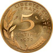 France 5 Centimes (France) KM# P442 A.DIEUDONNE LIBERTE EGALITE FRATERNITE 5 CENTIMES 1972 coin reverse