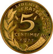 France 5 Centimes KM# P571 Modern Republic Decimal Coinage A.DIEUDONNE LIBERTE EGALITE FRATERNITE 5 CENTIMES 1977 coin reverse France 5 Centimes KM# P571 Modern Republic Decimal Coinage A.DIEUDONNE LIBERTE EGALITE FRATERNITE 5 CENTIMES 1977 coin reverse