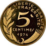 France 5 Centimes KM# P490 Modern Republic Decimal Coinage A.DIEUDONNE LIBERTE EGALITE FRATERNITE 5 CENTIMES 1974 coin reverse