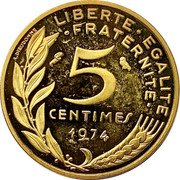 France 5 Centimes (Piedfort) A.DIEUDONNE LIBERTE EGALITE FRATERNITE 5 CENTIMES 1974 coin reverse France 5 Centimes (Piedfort) A.DIEUDONNE LIBERTE EGALITE FRATERNITE 5 CENTIMES 1974 coin reverse