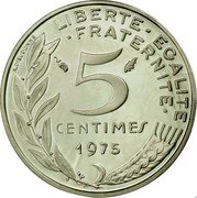France 5 Centimes Piedfort 1975 KM# P516 LIBERTE EGALITE FRATERNITE 5 CENTIMES 1975 A. DIEUDONNE coin reverse