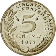 France 5 Centimes (Piedfort) KM# P570 LIBERTE EGALITE FRATERNITE 5 CENTIMES 1977 A. DIEUDONNE coin reverse France 5 Centimes (Piedfort) KM# P570 LIBERTE EGALITE FRATERNITE 5 CENTIMES 1977 A. DIEUDONNE coin reverse