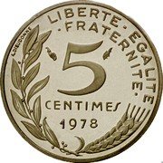 France 5 Centimes (Piedfort) KM# P597 LIBERTE EGALITE FRATERNITE 5 CENTIMES 1978 A. DIEUDONNE coin reverse