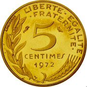 France 5 Centimes (Piedfort) KM# P440 LIBERTE EGALITE FRATERNITE 5 CENTIMES 1972 A. DIEUDONNE coin reverse