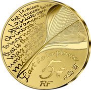 France 5 Euro 400th Anniversary of Birth of Moliere 2022  Proof KM# 3070 LE MIEUX EST L’ENNEMI DU BIEN LASCIATE OGNE SPERANZA VOI CH’INTRATE TO BE OR NOT TO BE: THAT IS THE QUESTION WAS MICH NICHT UMBRINGT, MACHT MICH STÄRKER L'ART DE LA PLUME 5 € RF coin obverse