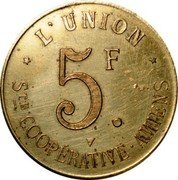 France 5 Francs Commune of Amiens 1917 ND(1917~1923) 5F L'UNION STE COOPÉRATIVE. AMIENS coin obverse France 5 Francs Commune of Amiens 1917 ND(1917~1923) 5F L'UNION STE COOPÉRATIVE. AMIENS coin obverse