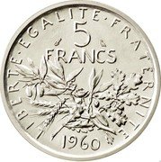 France 5 Francs Essai. Piedfort 1960 KM# PE331 LIBERTE EGALITE FRATERNITE 5 FRANCS 1960 coin reverse