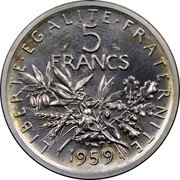 France 5 Francs Essai. Piefort 1959 small 5 KM# PE326 LIBERTE EGALITE FRATERNITE 5 FRANCS 1959 coin reverse France 5 Francs Essai. Piefort 1959 small 5 KM# PE326 LIBERTE EGALITE FRATERNITE 5 FRANCS 1959 coin reverse