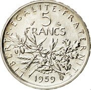 France 5 Francs Essai. Small 5 in date 1959 small 5 KM# E102 LIBERTE EGALITE FRATERNITE 5 FRANCS 1959 coin reverse France 5 Francs Essai. Small 5 in date 1959 small 5 KM# E102 LIBERTE EGALITE FRATERNITE 5 FRANCS 1959 coin reverse