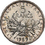 France 5 Francs The Sower Essai 1959 (a) KM# E101 LIBERTE EGALITE FRATERNITE 5 FRANCS 1959 coin reverse France 5 Francs The Sower Essai 1959 (a) KM# E101 LIBERTE EGALITE FRATERNITE 5 FRANCS 1959 coin reverse