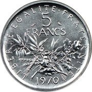 France 5 Francs The Sower 1970 KM# P411 LIBERTE EGALITE FRATERNITE 5 FRANCS 1970 coin reverse France 5 Francs The Sower 1970 KM# P411 LIBERTE EGALITE FRATERNITE 5 FRANCS 1970 coin reverse
