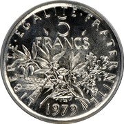 France 5 Francs The Sower 1979 KM# P644 LIBERTE EGALITE FRATERNITE 5 FRANCS 1979 coin reverse