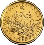 France 5 Francs Piedfort 1980 KM# P676 LIBERTE EGALITE FRATERNITE 5 FRANCS 1980 coin reverse France 5 Francs Piedfort 1980 KM# P676 LIBERTE EGALITE FRATERNITE 5 FRANCS 1980 coin reverse