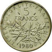 France 5 Francs Piedfort 1980 KM# P675 LIBERTE EGALITE FRATERNITE 5 FRANCS 1980 coin reverse