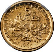 France 5 Francs Piedfort 1960  Proof KM# PE332 LIBERTE EGALITE FRATERNITE 5 FRANCS 1960 coin reverse